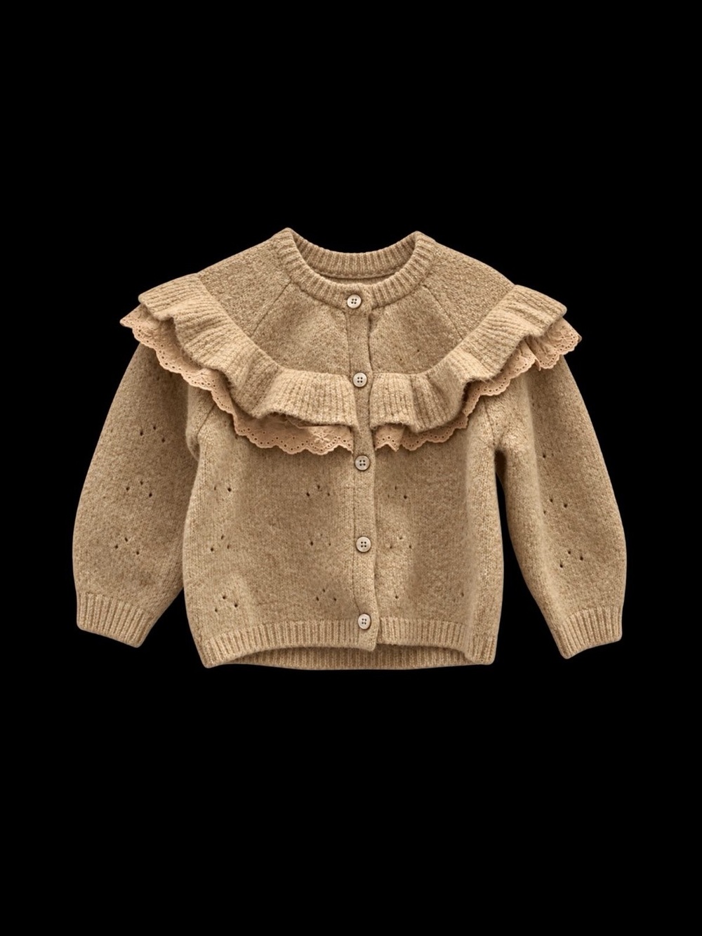 Zara (?) Tan Brown Ruffle Eyelet Pointelle Cardigan Sweater — 18-24m